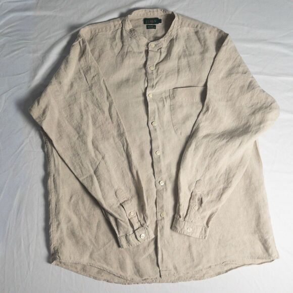 J.CREW Other - Vintage J.Crew Men's Band Collar Shirt Size L Deep Khaki 100% Linen 90’s Preppy